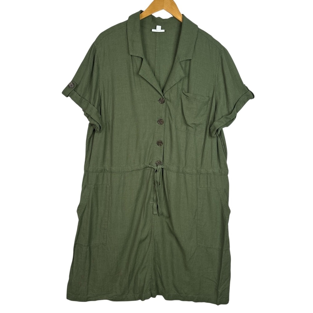J Jill Linen Blend Shirt Dress Womens 2X Olive Green Drawstring Midi Pockets